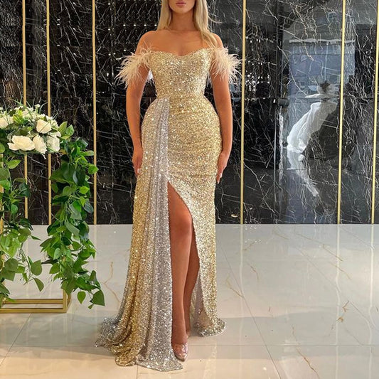 2025 Europe and America Cross Border New Factory Direct Sales Tube Top Feather Sequins Slim Fit Dress Long Dress Evening Dress
