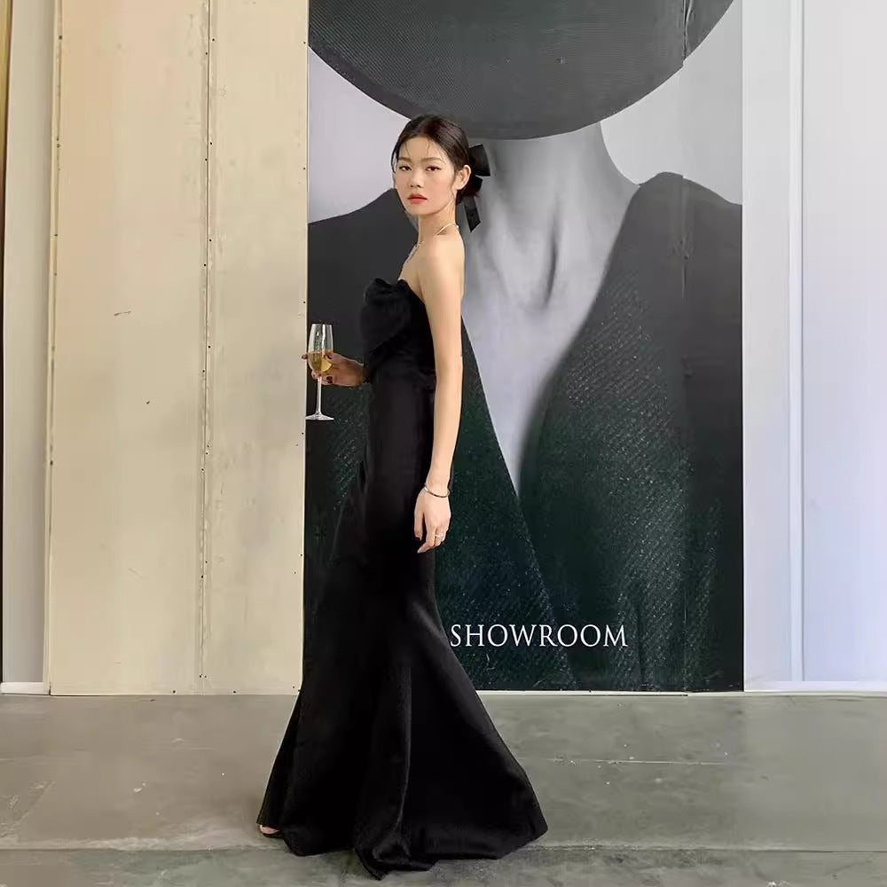 2025 black sexy bow tube top long birthday evening dress Hepburn style formal settings fishtail dress