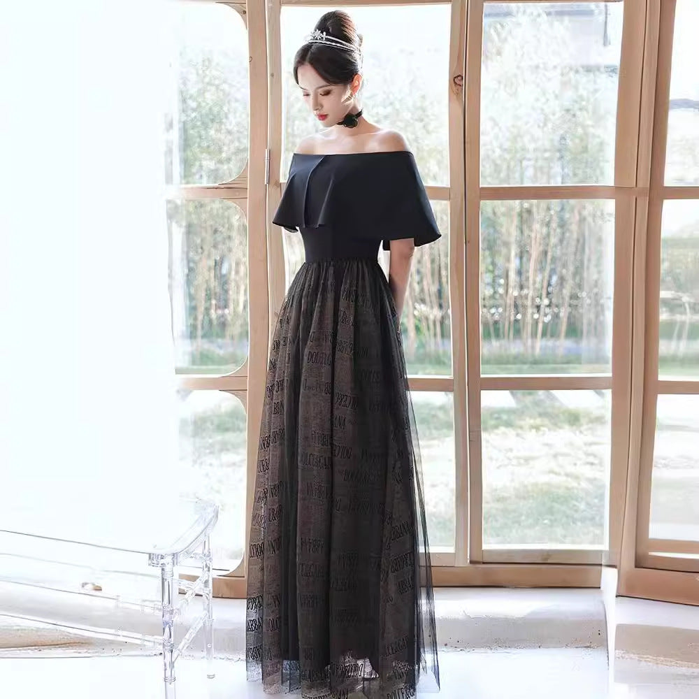 2025 Black evening dress women's light luxury temperament high sense super fairy one-word shoulder dress annual meeting party host performance
