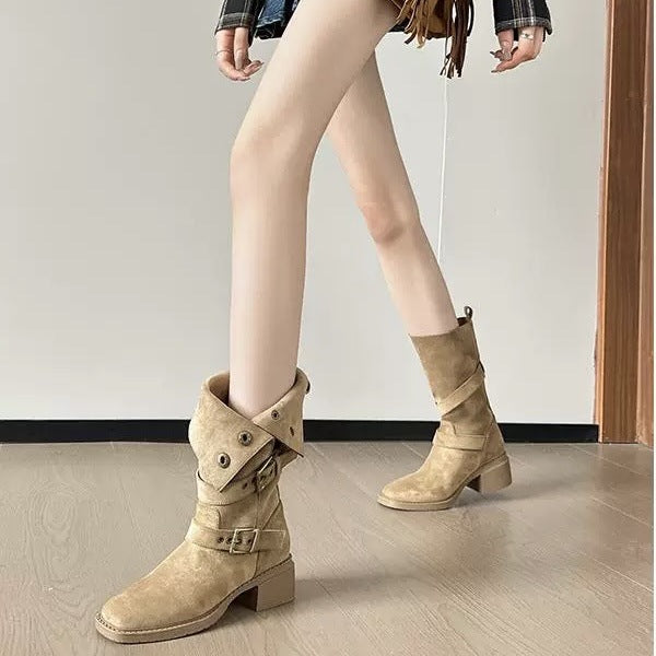 2025 Vintage Frosted Western Cowboy Boots Women's Leather Buckle Fold Two Wear Short Boots Thick High Heel Medium Boots