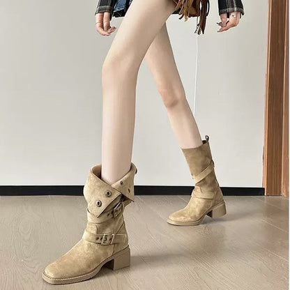 2025 Vintage Frosted Western Cowboy Boots Women's Leather Buckle Fold Two Wear Short Boots Thick High Heel Medium Boots