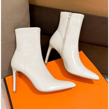 2025 Boots women's popular new winter high-heeled elastic thin boots beige thin-heeled short boots women