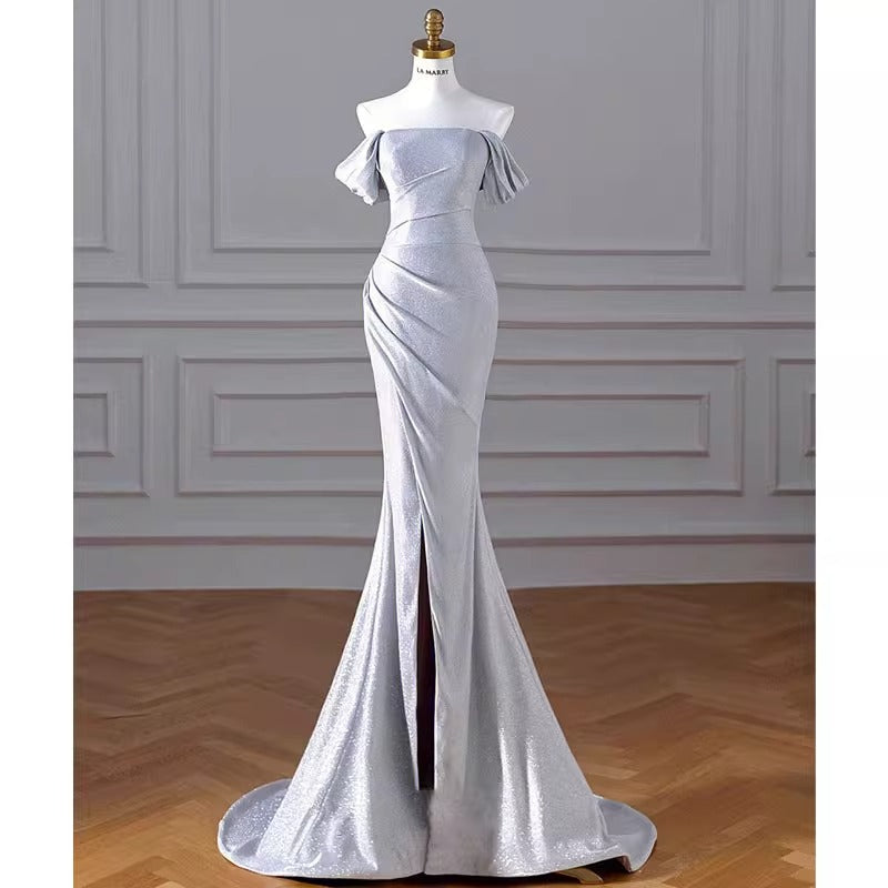 2025 Silver shoulder toast suit sexy slim annual meeting catwalk host evening dress fish tail waist dress women