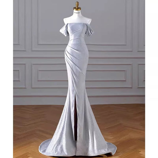 2025 Silver shoulder toast suit sexy slim annual meeting catwalk host evening dress fish tail waist dress women