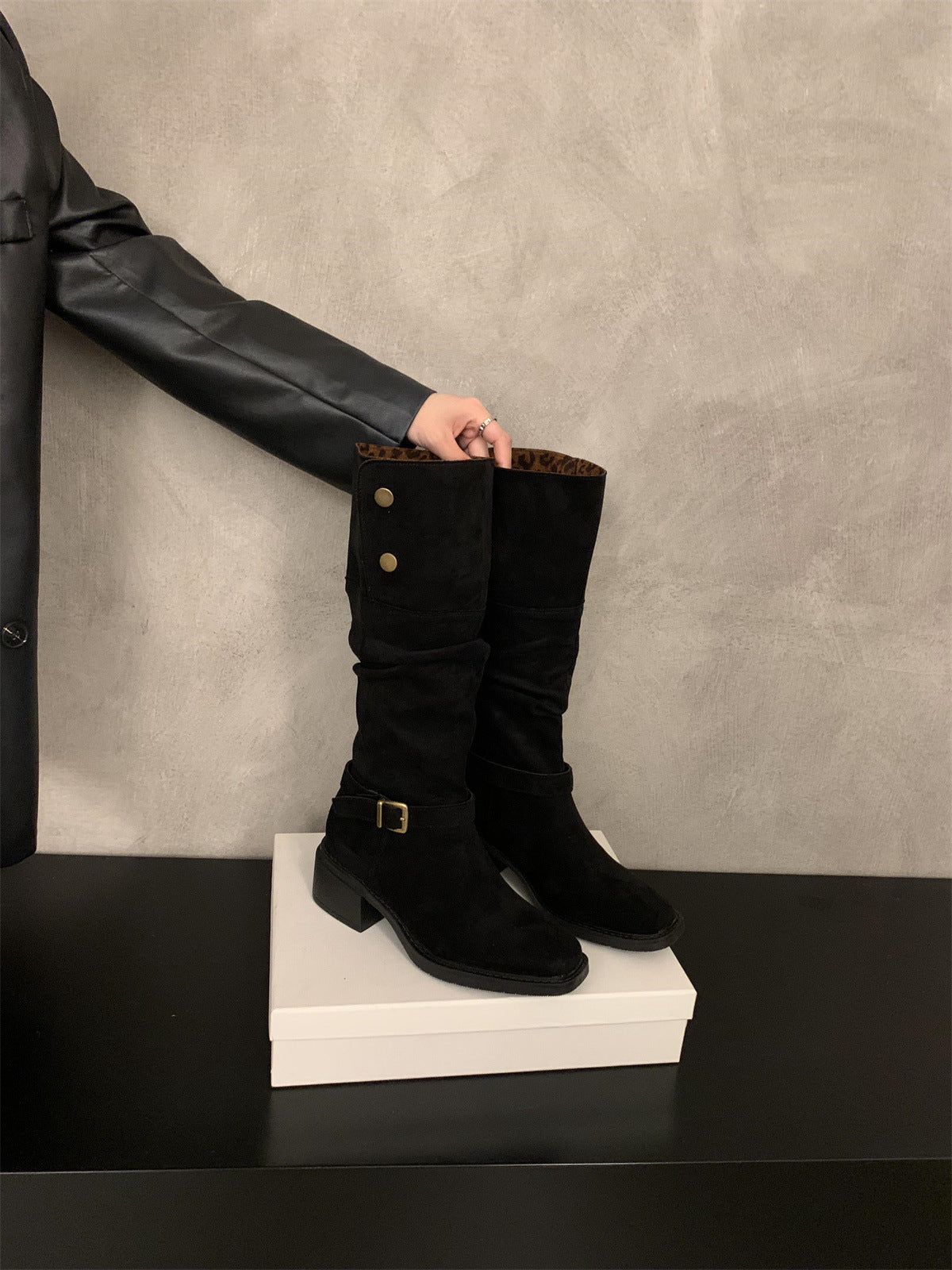 2025 Maillard metal buckle lapel two wear thick heel stack boots new suede round head knight boots in autumn and winter popular