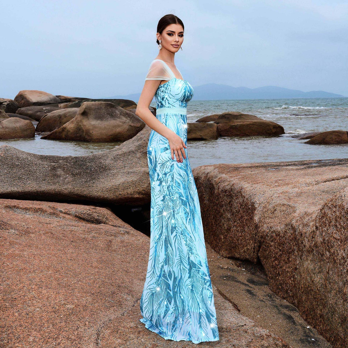 2025 sleeveless temperament square collar sexy slim long sequined banquet evening dress bridesmaid dress women