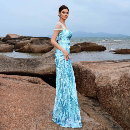 2025 sleeveless temperament square collar sexy slim long sequined banquet evening dress bridesmaid dress women