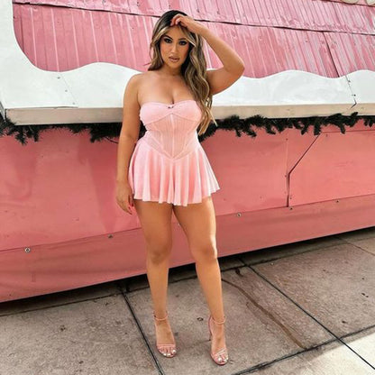 51150 Hot Girl Women's Clothing European and American Stretch Chest-Wrapped Dress Hollow Backless Zipper off-Shoulder Pleated Princess Dress