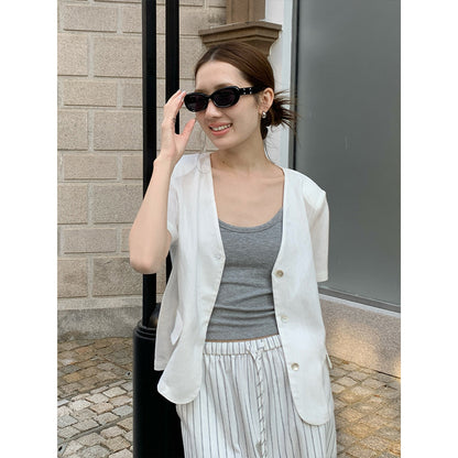 2025  Tencel linen premium shirt 2025 summer Korean version simple short-sleeved blazer T5029X