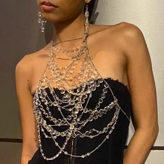 2025 L4961Y real shot  metal chain hanging neck sexy transparent diamond small vest nightclub party fashion halter sling