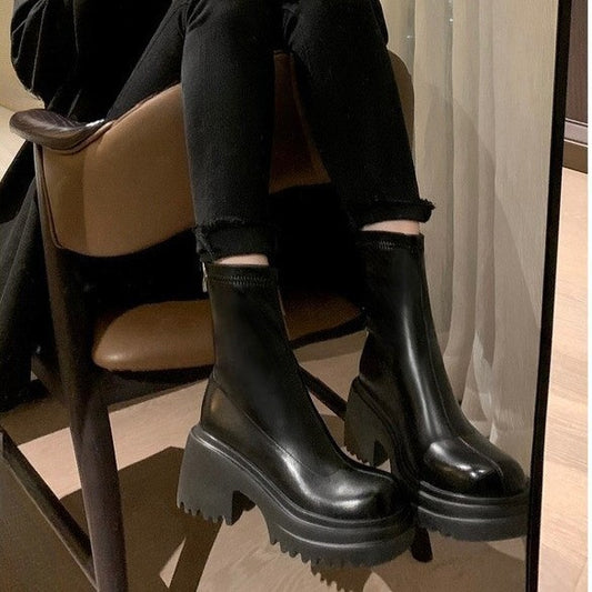 2025 Leg fine boots~ thick heel thick sole rear zipper leg elastic short boots female Martin thin boots
