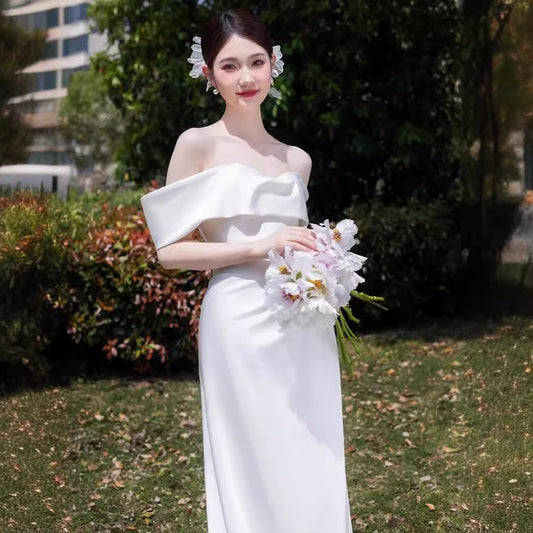 2025 one-word shoulder light wedding dress travel photography temperament simple satin white evening dress bride wedding welcome dress