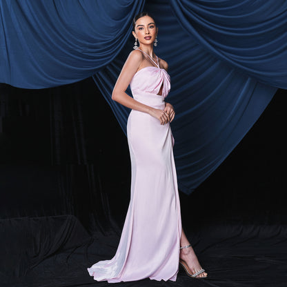 2025 sleeveless temperament one-word collar sexy neck long split banquet evening dress bridesmaid dress