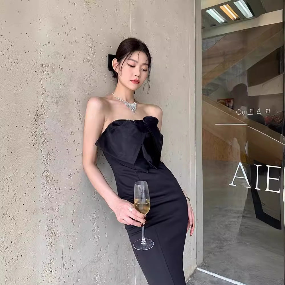 2025 black sexy bow tube top long birthday evening dress Hepburn style formal settings fishtail dress