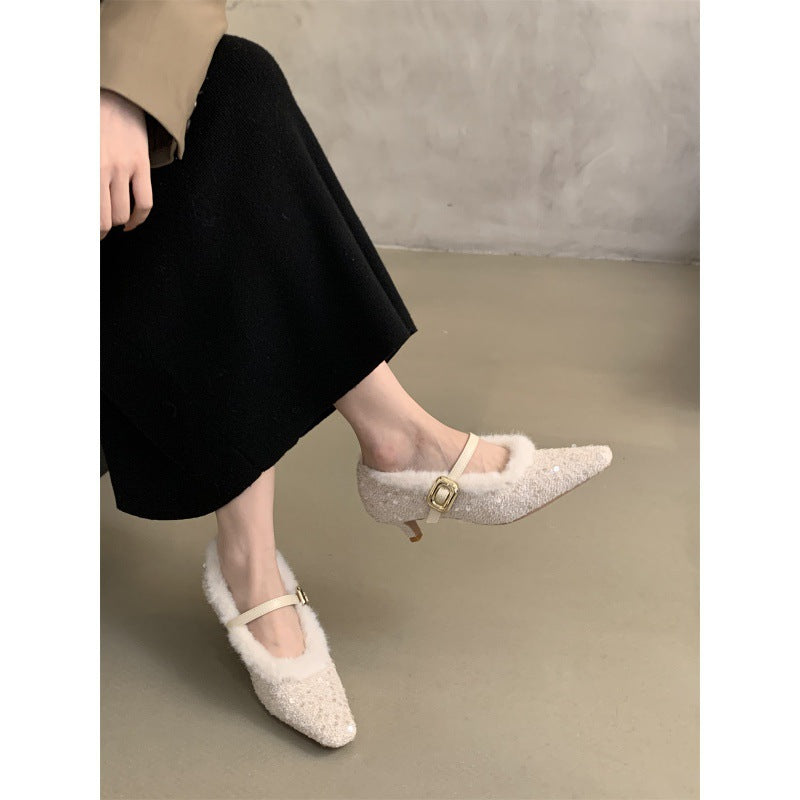 2025 fairy stiletto high heels 2023 Korean version of gentle temperament fluffy shoes women wear women's Mary Jane shoes