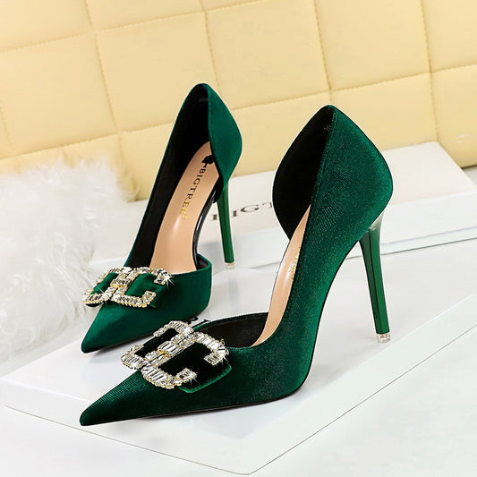 2025 1363-K78  high heels thin heel shallow mouth pointed side hollow thickened suede rhinestone buckle bow single shoe