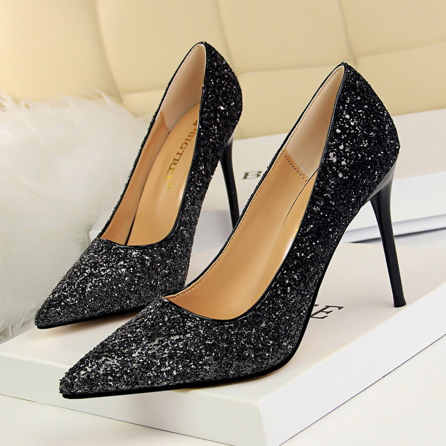 2025 9219-10  style women's shoes high heels light mouth pointed head sexy and thin nightclub color gradual change sequined single shoes