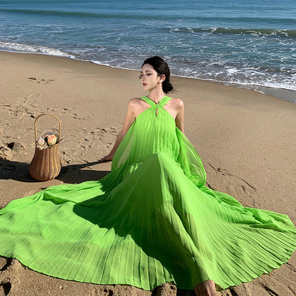 2025 romantic streamer neck skirt green pleated pendulum skirt seaside vacation photo beach skirt