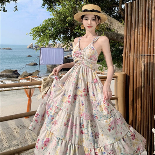 2025 Premium floral print suspender skirt seaside vacation dating fairy wear halter slim dress women's summer