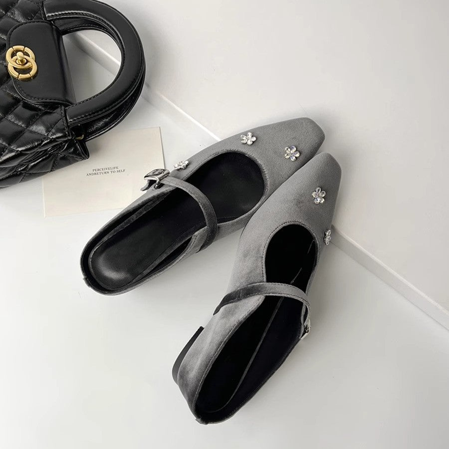 2025 Sheepskin version~  rhinestone flower bag head half slippers women's outer wear inner height increase square head temperament Mary Jane single shoes