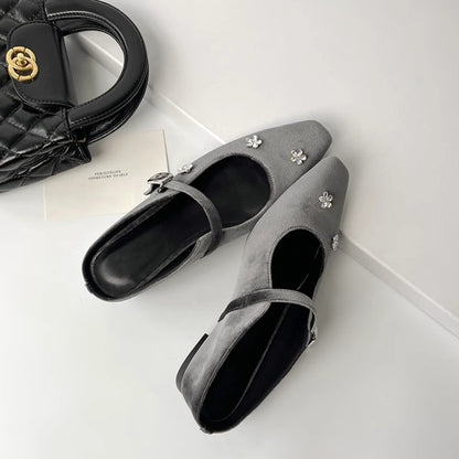 2025 Sheepskin version~  rhinestone flower bag head half slippers women's outer wear inner height increase square head temperament Mary Jane single shoes
