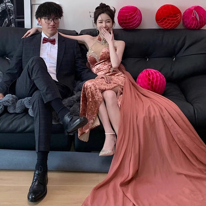 2025 Velvet Chinese morning robe popular new beaded toast suit embroidered backless new neck evening dress
