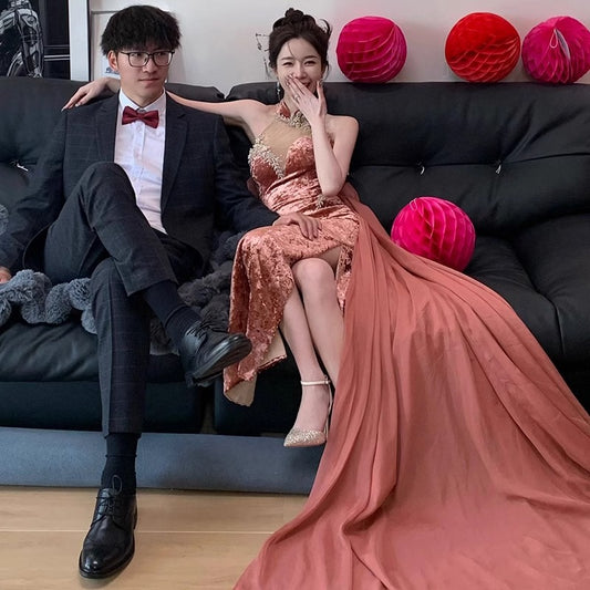 2025 Velvet Chinese morning robe popular new beaded toast suit embroidered backless new neck evening dress