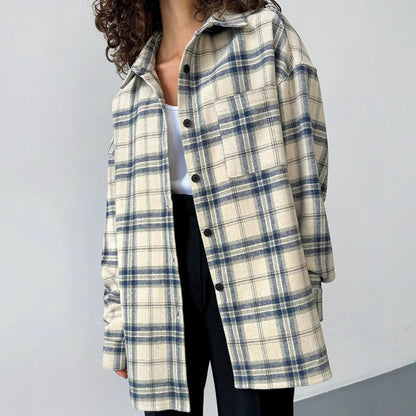 XAKXX American lapel loose plaid long-sleeved women's shirt New 2025 autumn and winter fashion new  wholesale coat
