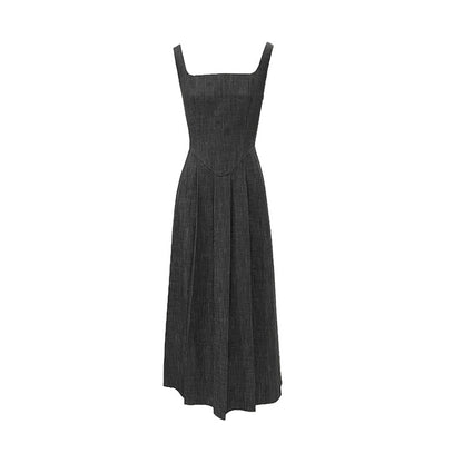 2025 ES MODISH Spring New Muse Essential  Retro Casual Temperament Square Neck High Waist Suspender Dress