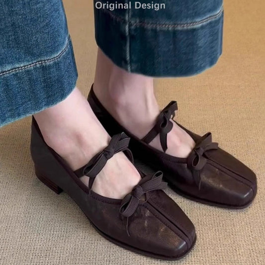 2025 Sheepskin~ Leather  Ballet Shoes Women's Soft Sole with Skirt Retro Mary Jane Shoes Bow Flat Shoes