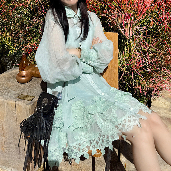 2025 spring new product, ramie embroidered dress, shirt skirt two-piece set