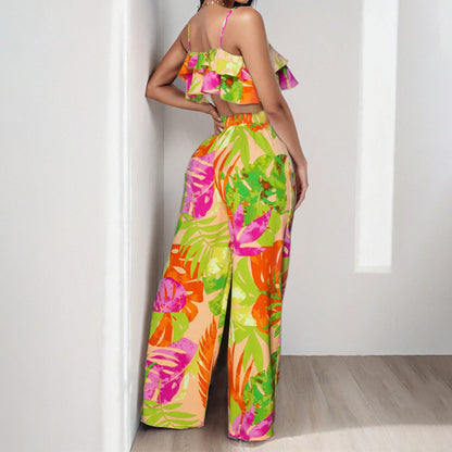 2025 2025 women's clothing 2025 spring new temperament printing casual suspender lotus leaf edge large size two-piece fashion suit