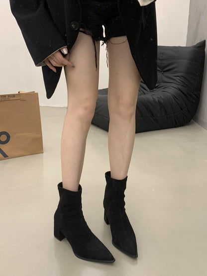 2025 temperament pointed suede thin boots Korean version versatile thick heel short boots women's boots commuter high heel fashion boots
