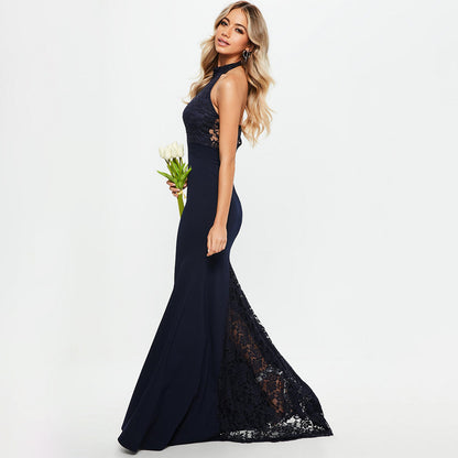 XAKXX  Russian women's clothing noble fishtail skirt backless shoulder sexy neck lace evening dress long light luxury dress