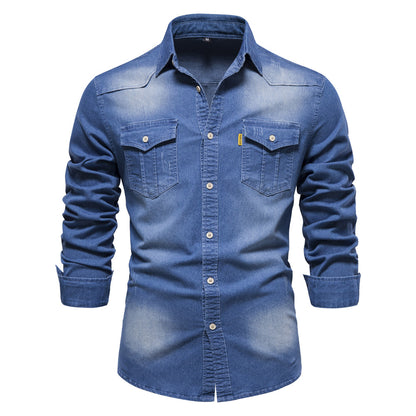 XAKXX 2025 popular Popular trade New explosion men's beautiful size denim shirt men's casual solid color men's denim long-sleeved shirt