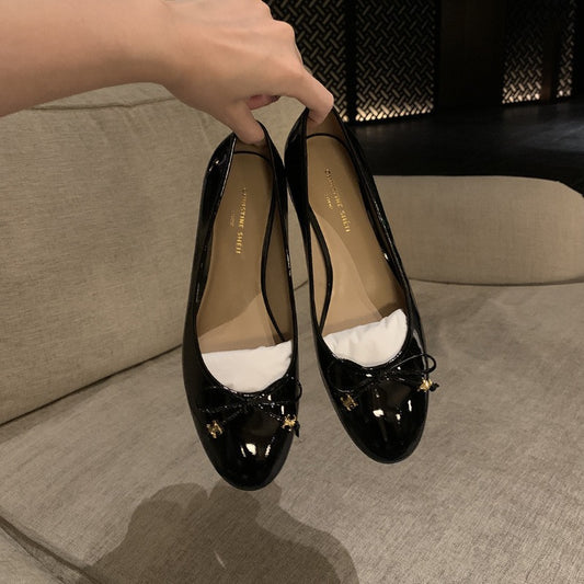 2025 Cowhide version~ New Arc de Triomphe small gold buckle temperament bow thick heel versatile single shoes women's commuter ol shoes autumn
