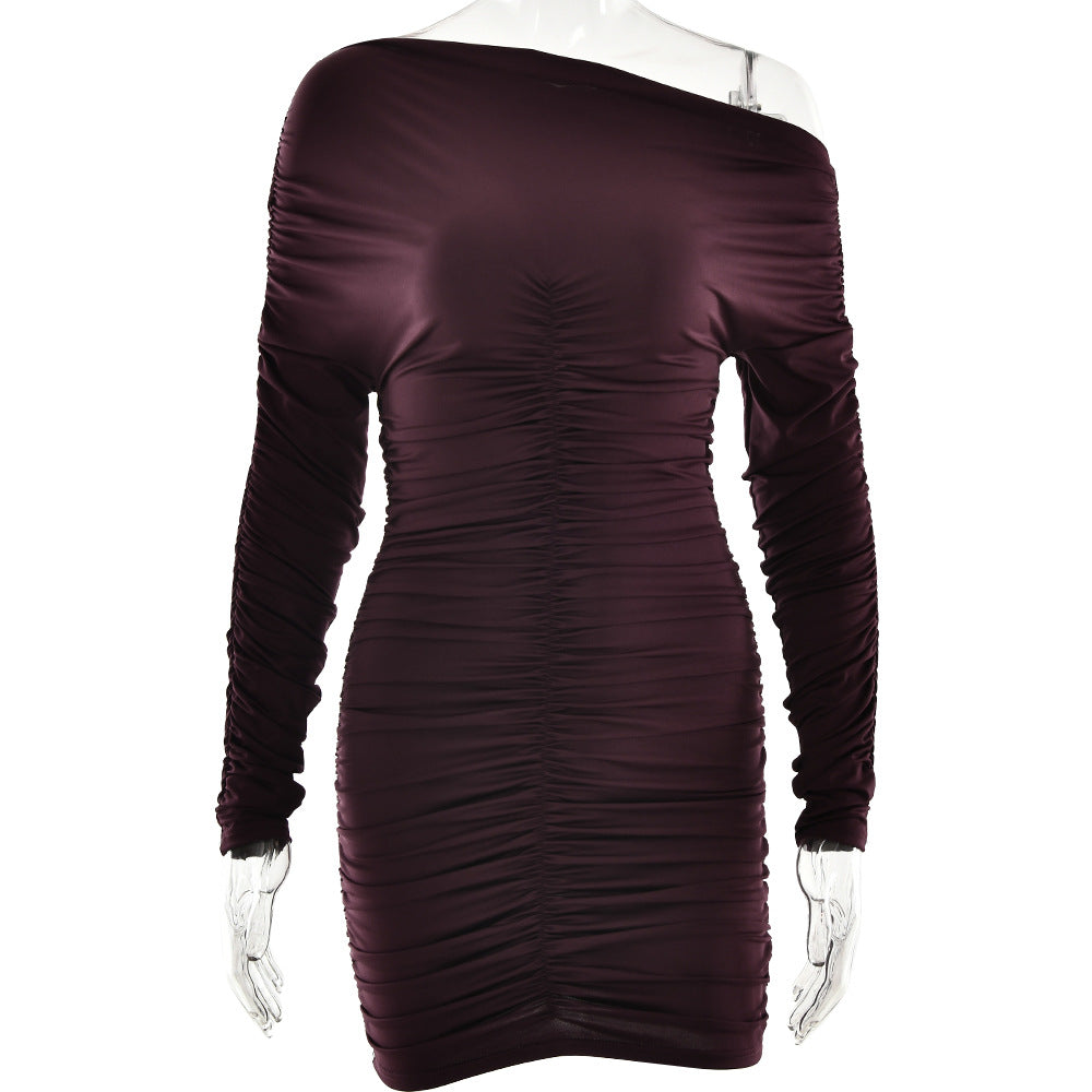 2025 New new women's clothing solid color slanted shoulder autumn and winter hip dress long sleeve pleated slim dress