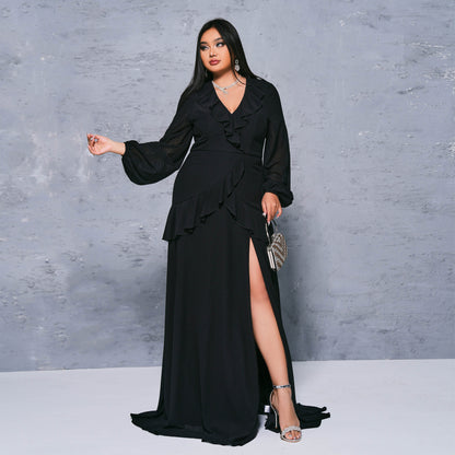2025 Popular trade  fat mm large size women's clothing long V-neck banquet long sleeve sexy split evening dress dress