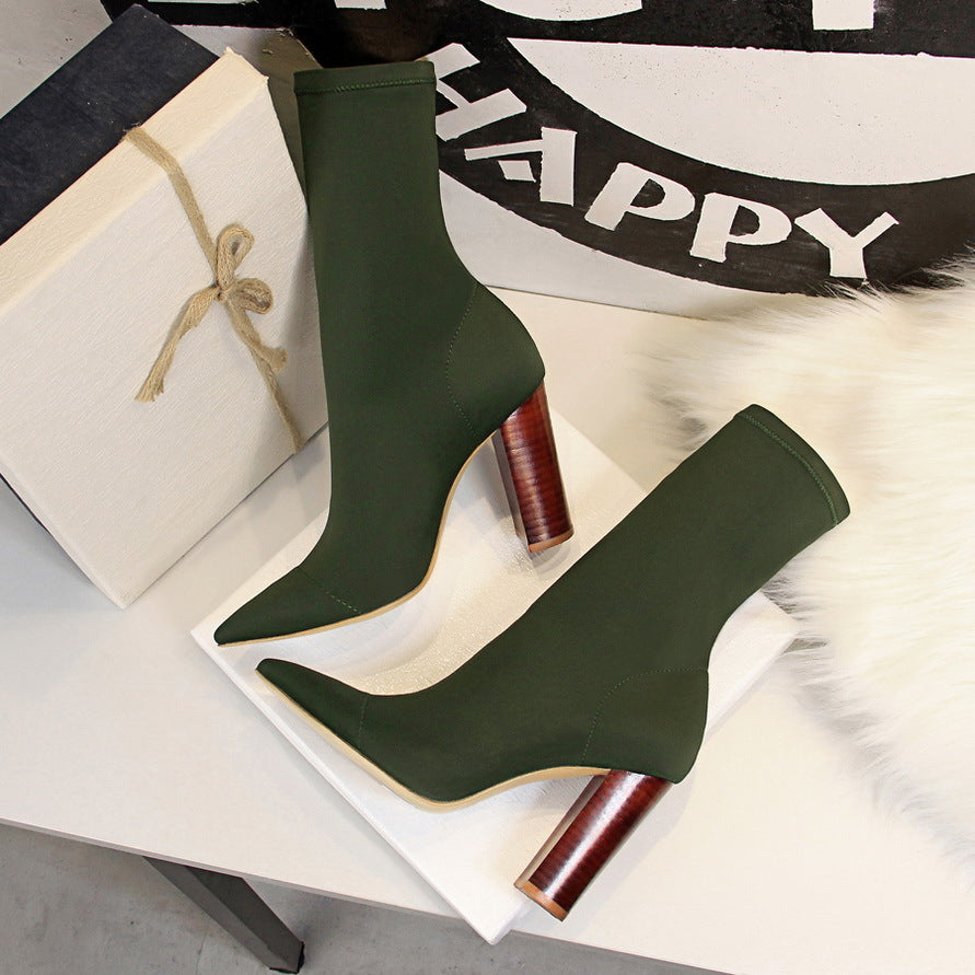 2025 3229-3  fashion simple wood grain and thick heel high heel pointed elastic lycra sexy nightclub slim short boots