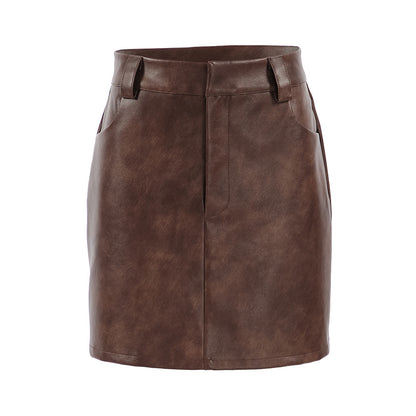 XAKXX Autumn and winter retro high-end brown faux leather high-waisted straight skirt 2025  temperament PU short skirt women