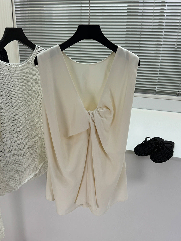 2025 spring and summer, Popular style back V-neck kink, simple and not simple, vertical and loose linen sleeveless vest for women