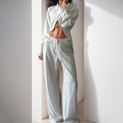 2025 2025 spring new 2025 women's clothing temperament casual shirt collar open navel hollow lace-up straight pants fashion suit