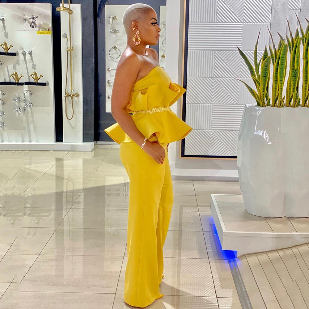 Y9292 2025 New new 2025 solid color tube top elegant wide-leg pants ruffle edge personality and comfort