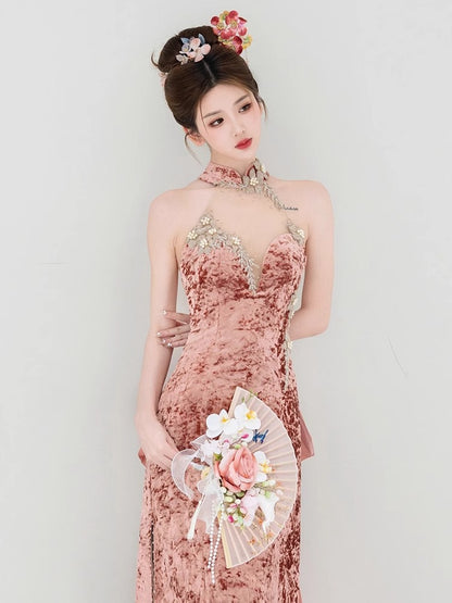 2025 Velvet Chinese morning robe popular new beaded toast suit embroidered backless new neck evening dress
