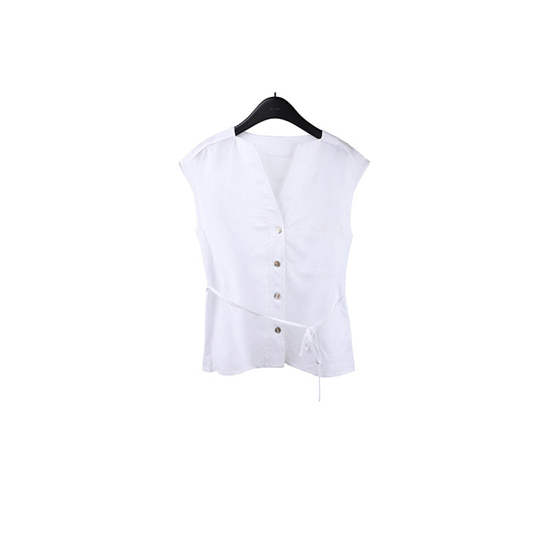 2025  Tencel linen lace-up sleeveless shirt women's 2025 summer new versatile cardigan top T5050X