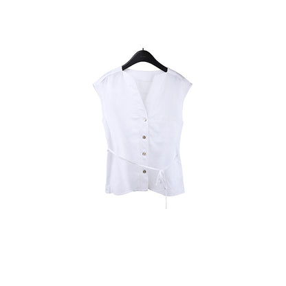2025  Tencel linen lace-up sleeveless shirt women's 2025 summer new versatile cardigan top T5050X