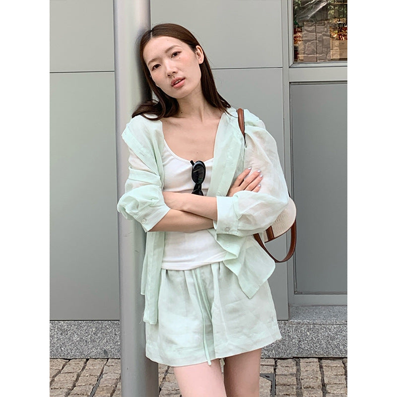 2025  linen tencel hooded sunscreen shirt + lace-up shorts women's 2025 casual fashion suit T5031X