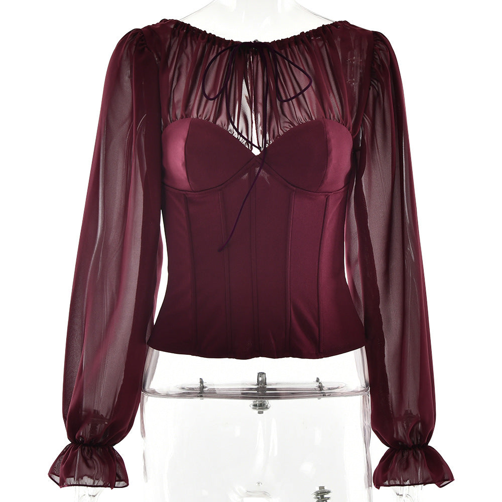 2025 popular  New autumn and winter fashion Spice Girl chiffon strap-on top new sexy splicing pleated T-shirt