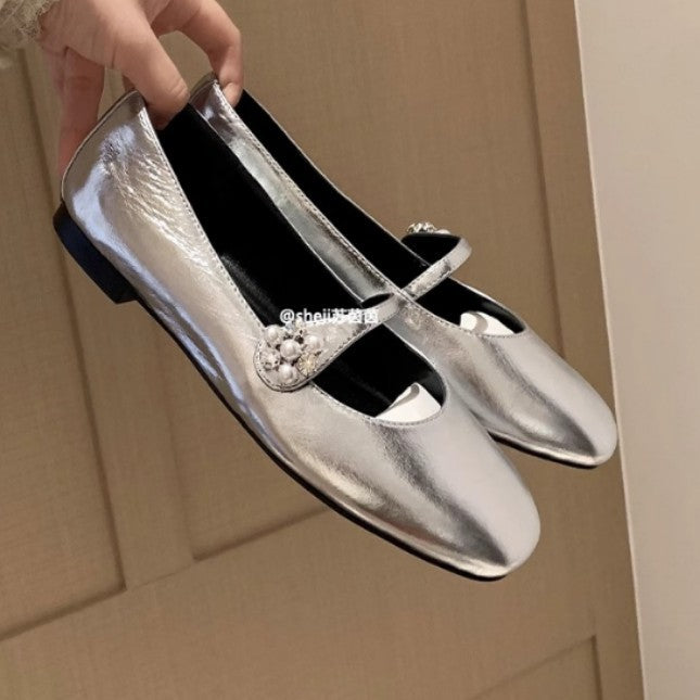 2025 Spot cowhide version~ Su Yinyin, the same flower diamond square head rhinestone buckle, flat bottom Mary Jane ballet single shoes women
