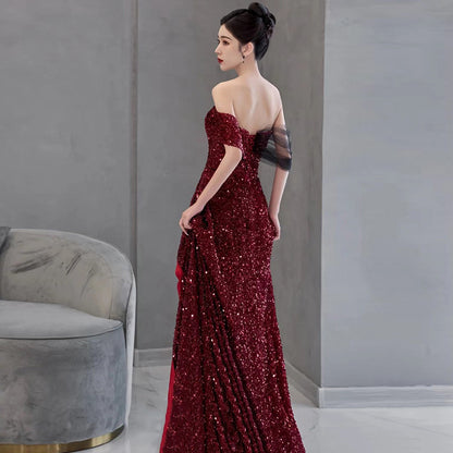 2025 Toast Bride Shoulder Red  Textured Engagement Dress Host Fish Tail Evening Dress Women's Spring